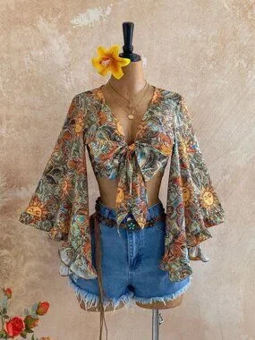 Multicolor Boho Women's Beach Casual Floral Print Flare Sleeve Cropped Top